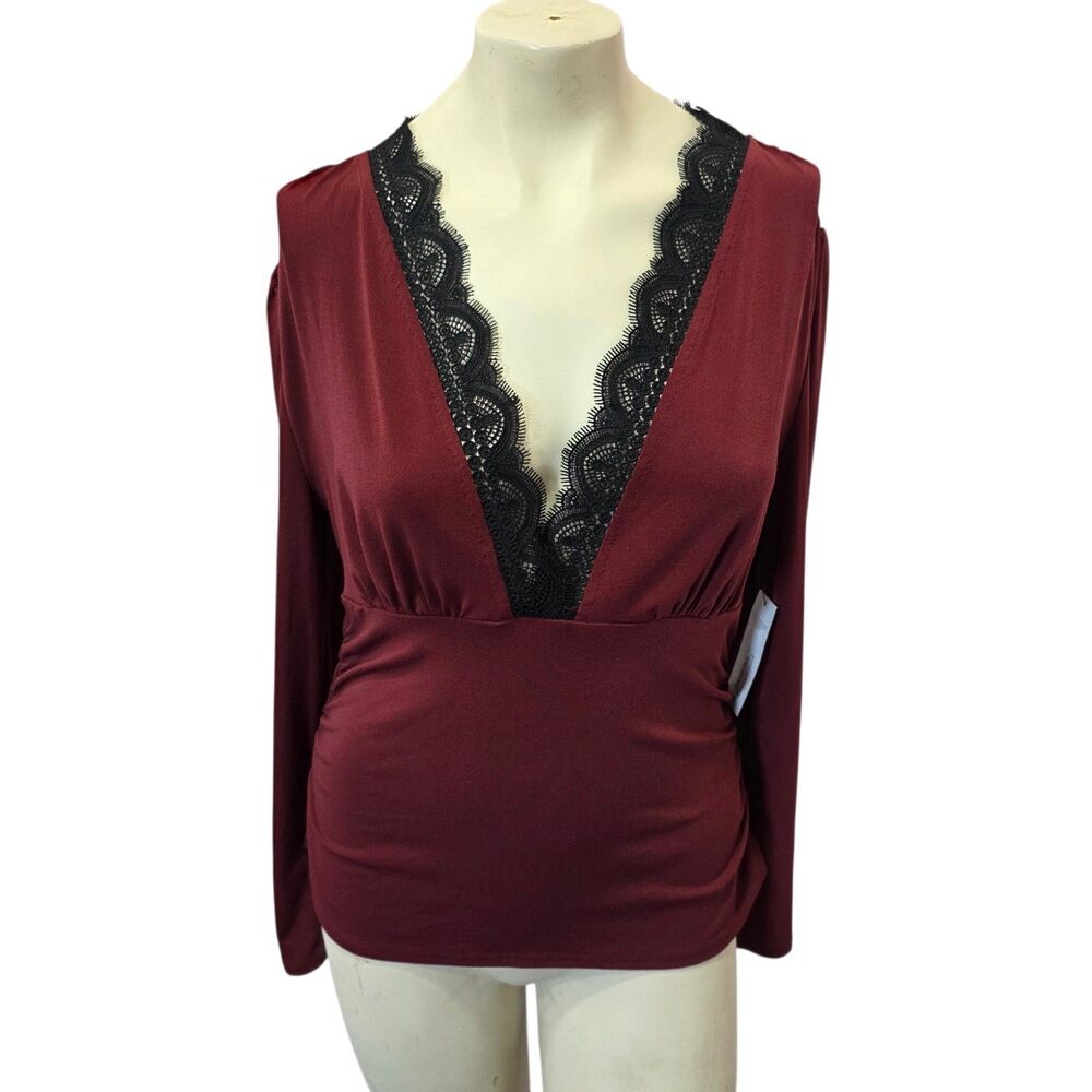 NWT Bold Elements Lace Trim Blouse Womens L Burgundy Long Sleeve V Neck Top